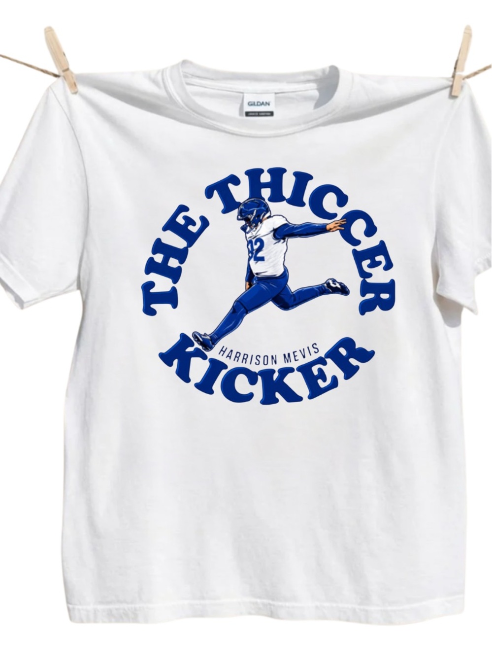 White The Thiccer Kicker Graphic Tee with Blue Kicker Design